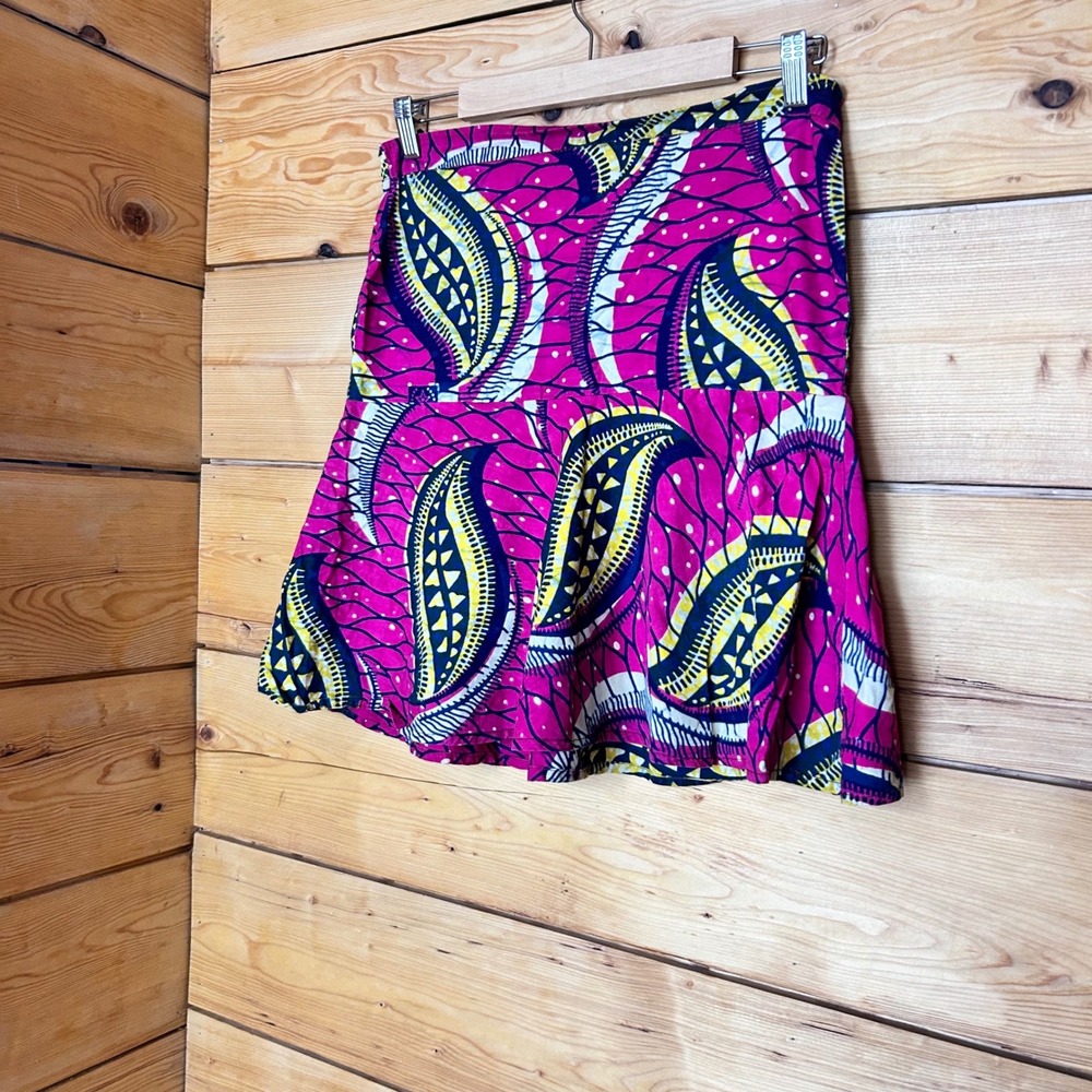 Vintage Cotton Mini Skirt Womens Large Pink Yellow Wax Print Batik Boho MCM